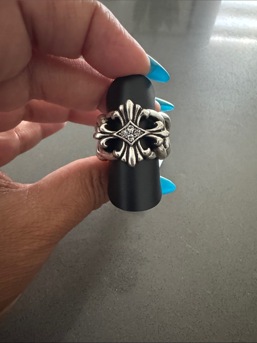 Men's Silver Gothic Fleur-Style Statement Ring with Accent Stones size 10
